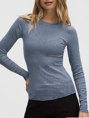 Lululemon Hold Tight Long Sleeve Shirt Blue Stripe Ribbed Modal Size 14 NWT